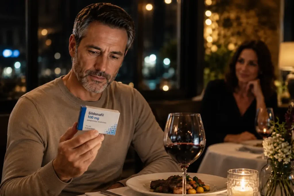 Viagra y alcohol: hombre de 50 años observando una caja de sildenafil junto a una copa de vino